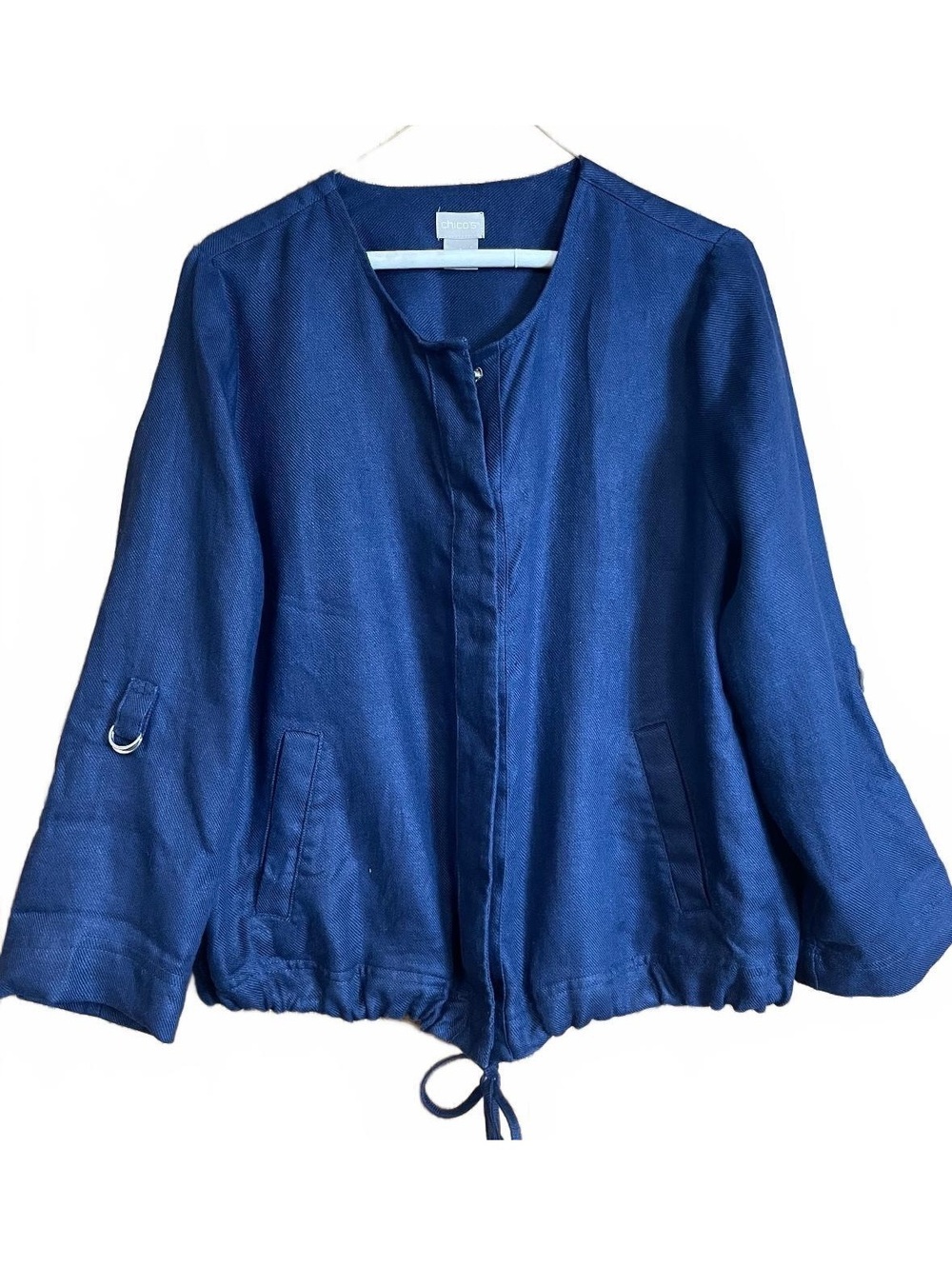 Chico’s 100% linen snap front jacket with drawstring hem 8/10